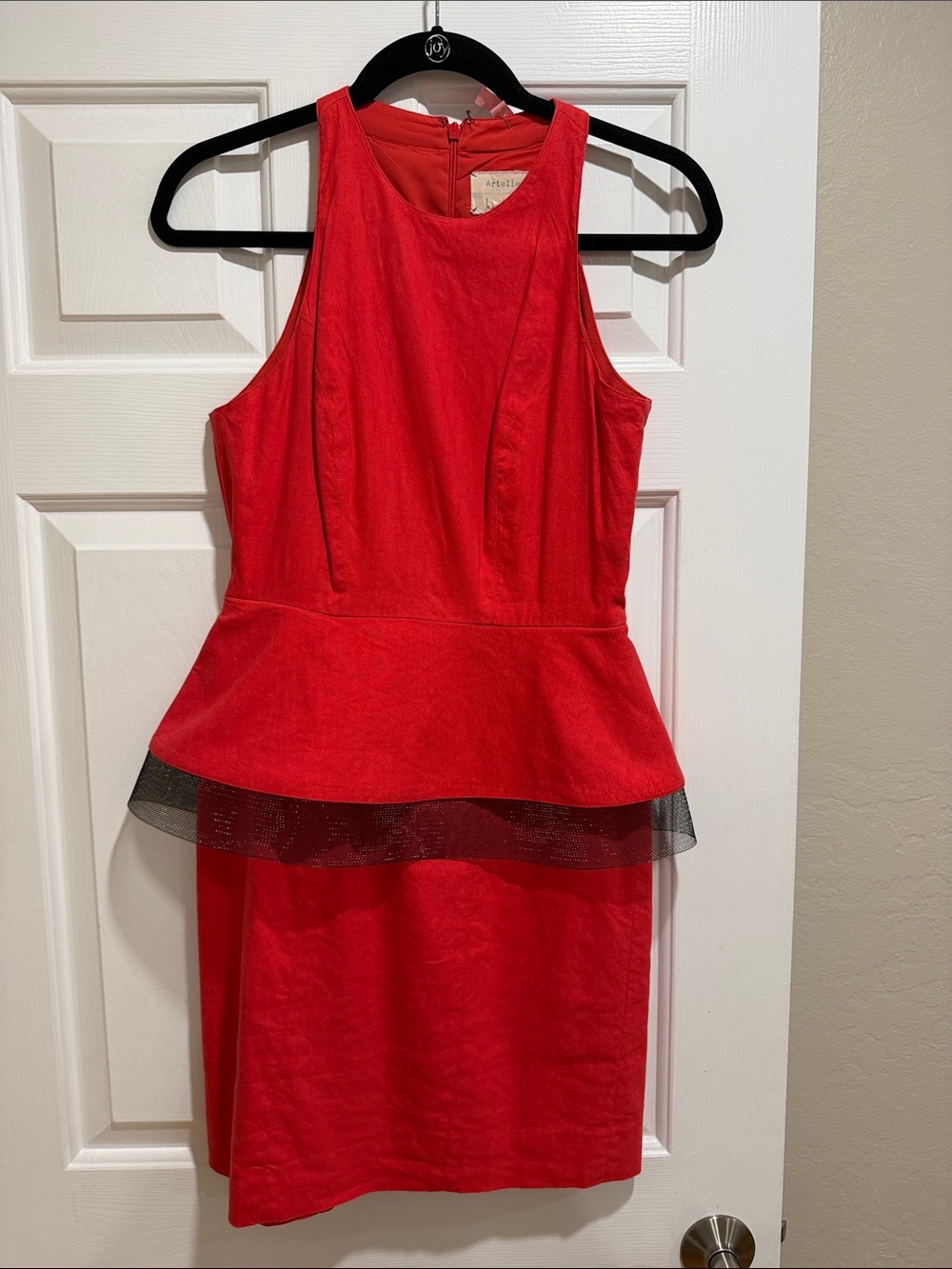 Nicole Miller Red Linen Peplum Mini Dress with Black Mesh Trim
